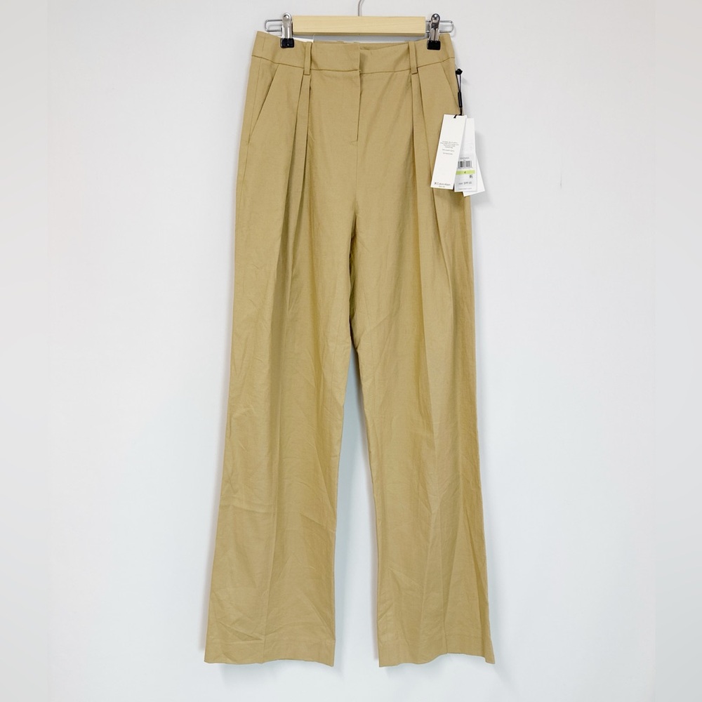 Calvin Klein Women’s Linen Blend High Waist Wide Leg Pants Kahki Size 4
